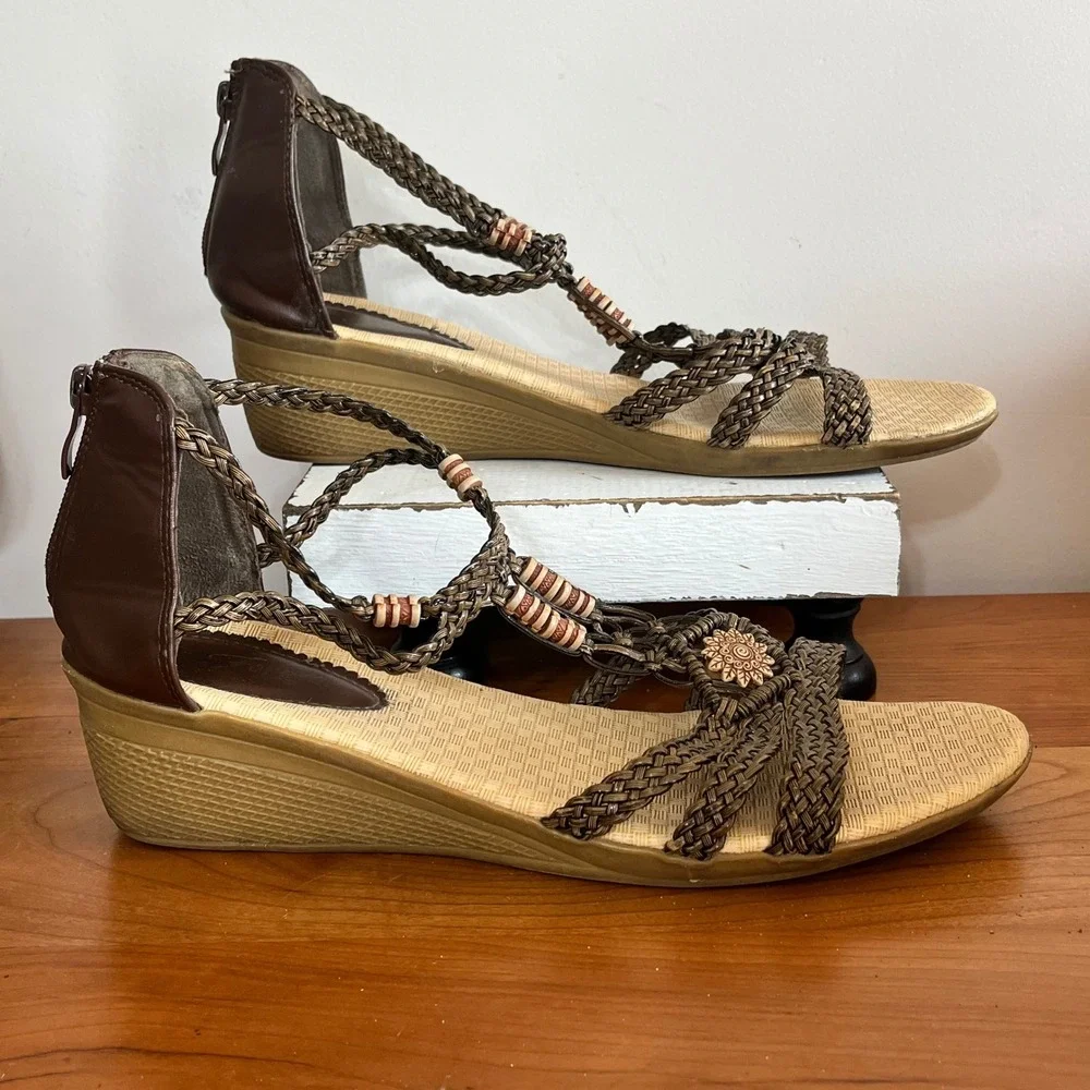 Forever Link Womens Brown Braided Wedge Sandals Boho Beaded Strappy Size 10